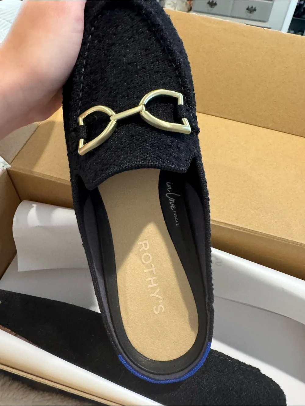 Rothy's Black Knit Loafer with Gold Bit Accent